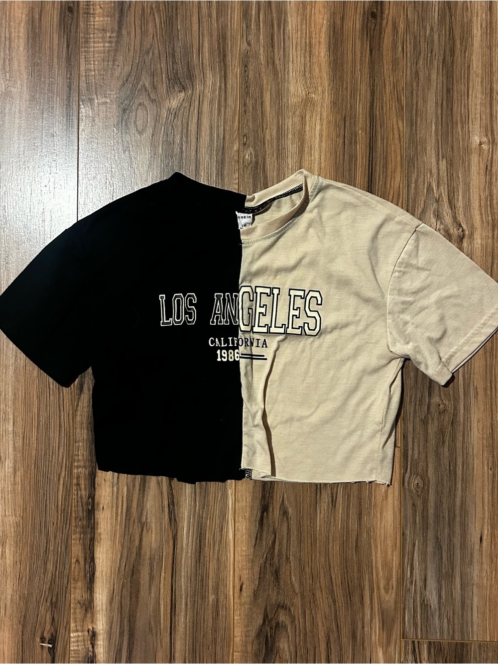 SHEIN Black & Beige Los Angeles Split Crop Tee
